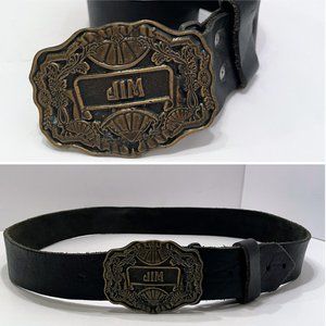 Oden Inc JIM Brass Belt Buckle 70s Vintage Art Deco Style on Black Leather Belt